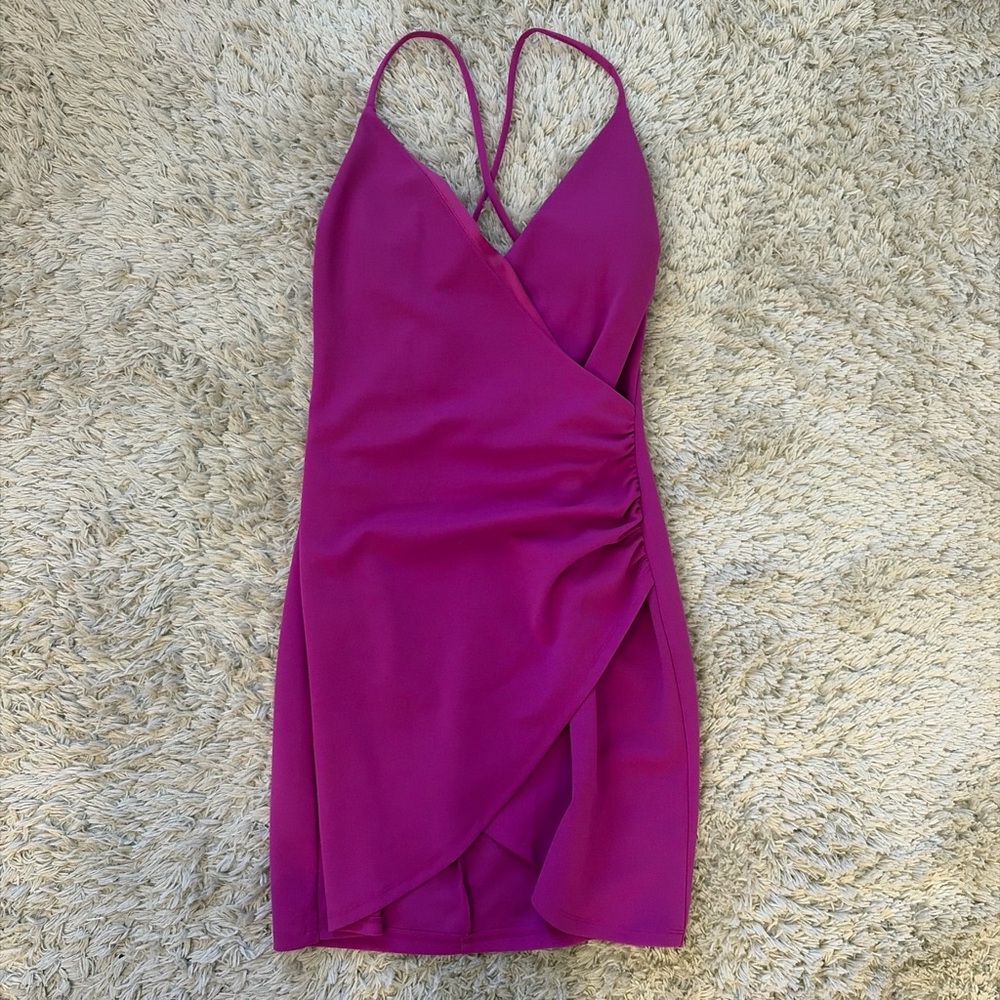 Xtraordinary Fuchsia Wrap-Front Spaghetti Strap Mini Dress